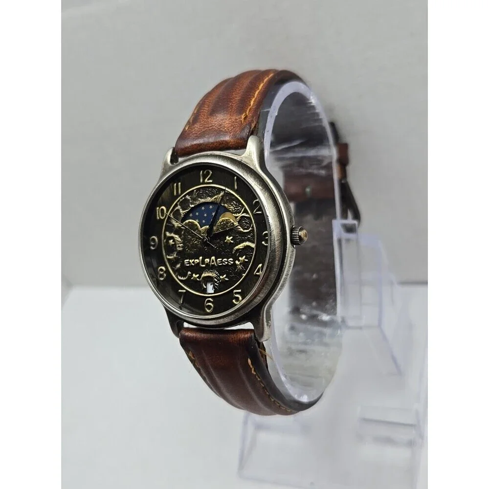 LA Express Moon And Stars Quartz Watch Day Night Date Brown Leather New Battery